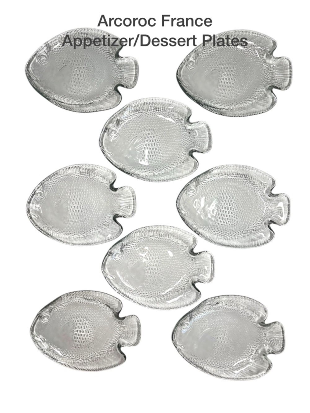 Arcoroc France Clear Glass Fish-Shaped Appetizer/Dessert Plates - Set of 8 - VTG